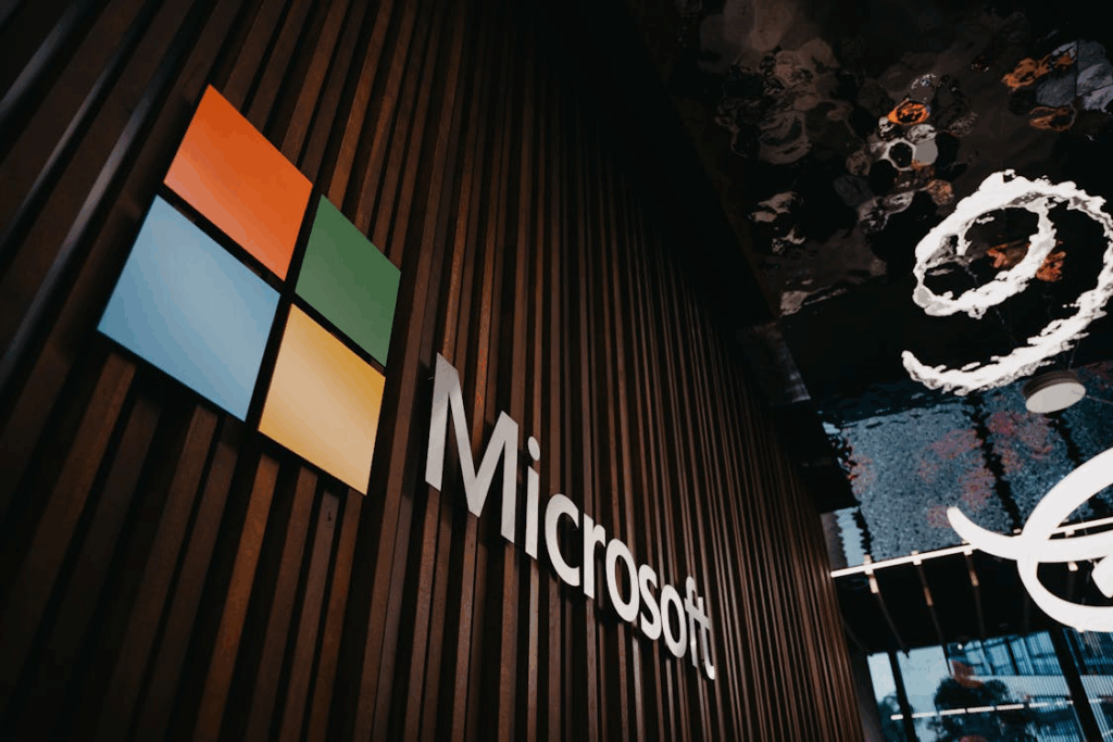 Microsoft logo displayed on a modern office wall