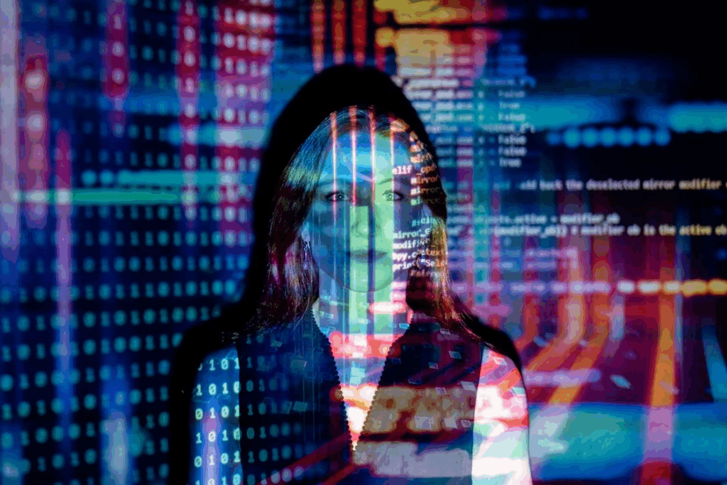 A woman standing in front of several software computations going on.