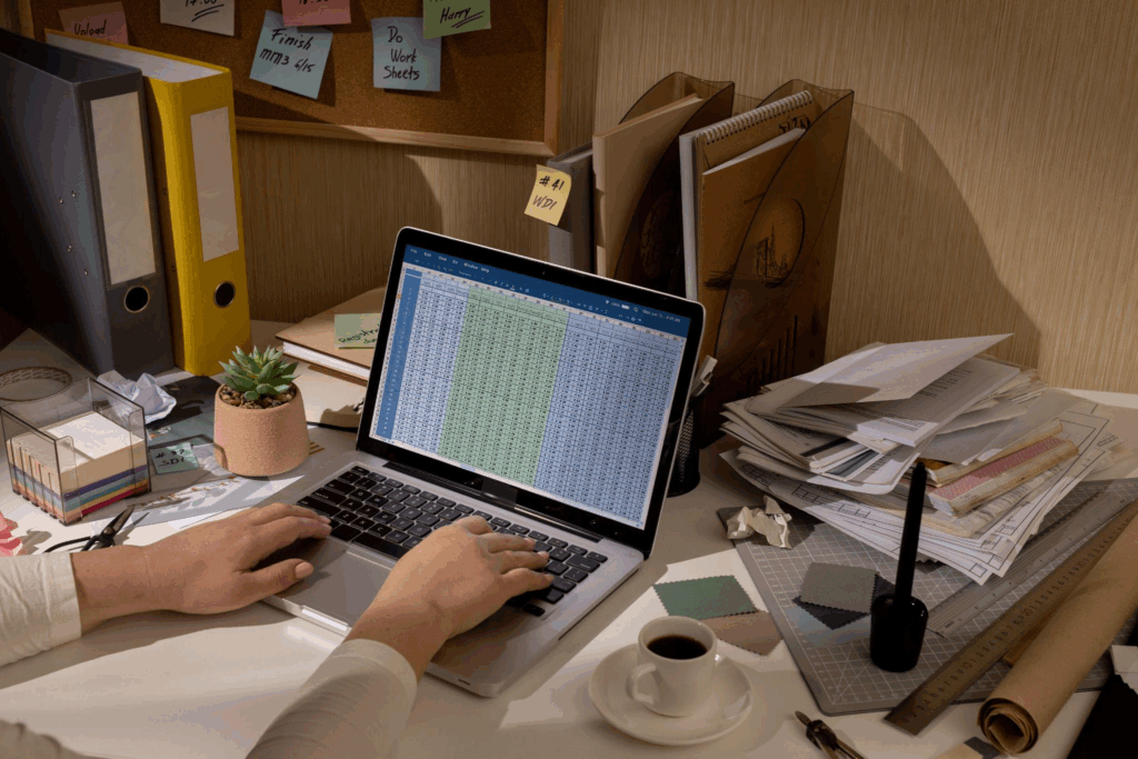 a person sitting at a messy office desk with papers, using Microsoft Excel on their laptop